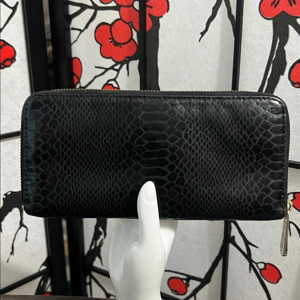 Michael Kors Black Snake-Embossed Zip Wallet with Gold Plaque